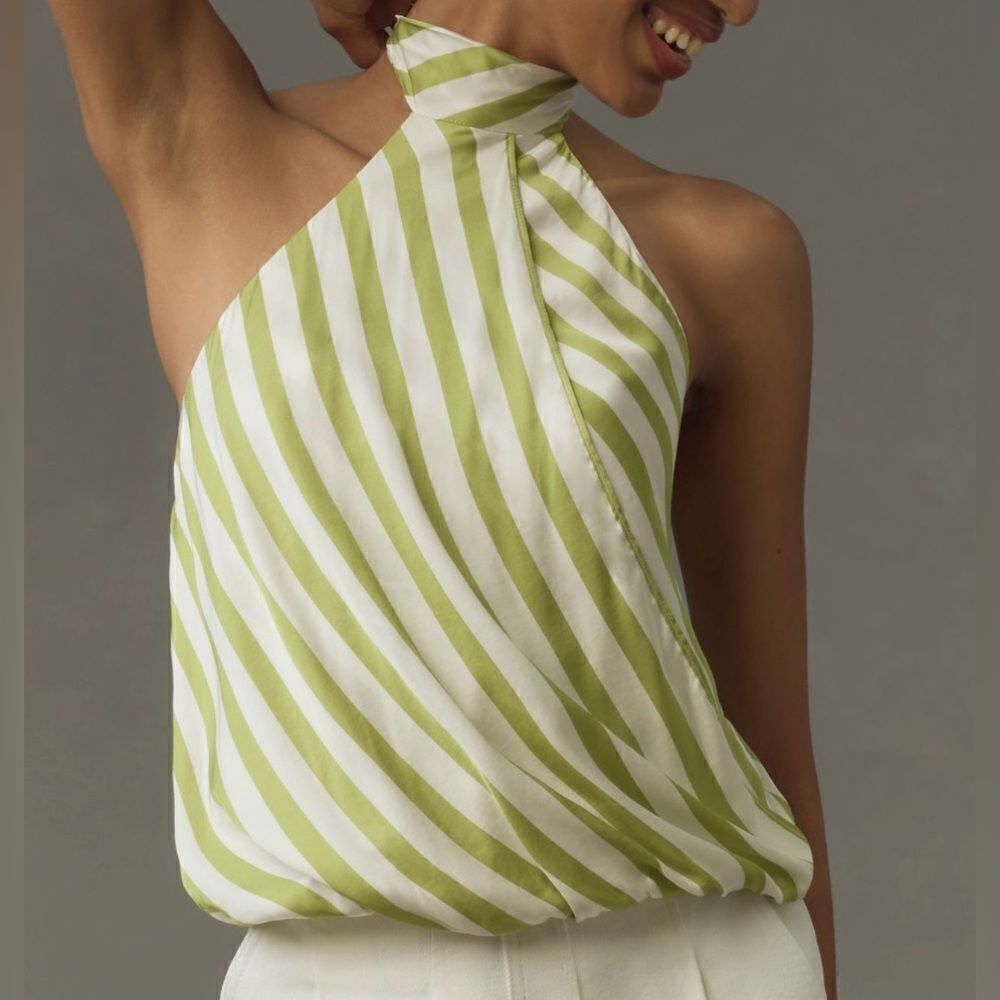 Anthropologie Green and White Striped Halter Top
